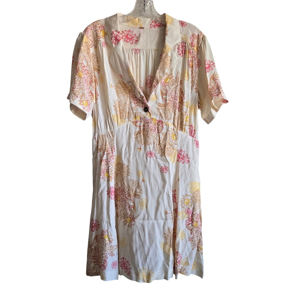 Free People L Mini Dress Womens Cream Floral Excellent Boho Short Sleeve